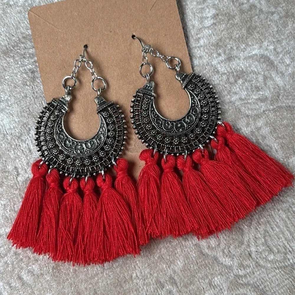 Brand New Red Tassel Oxidized Metal Floral Crescent Boho Festival Drop Earrings